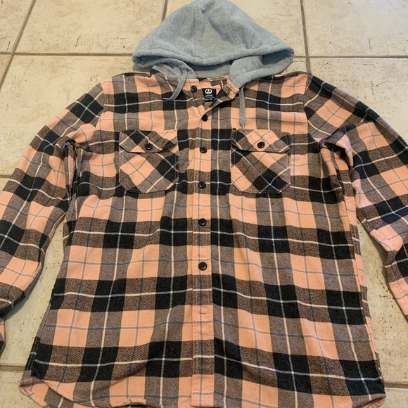 Amnesia Black & Peach Plaid Hooded Flannel Shirt - Size Medium - Picture 2 of 6